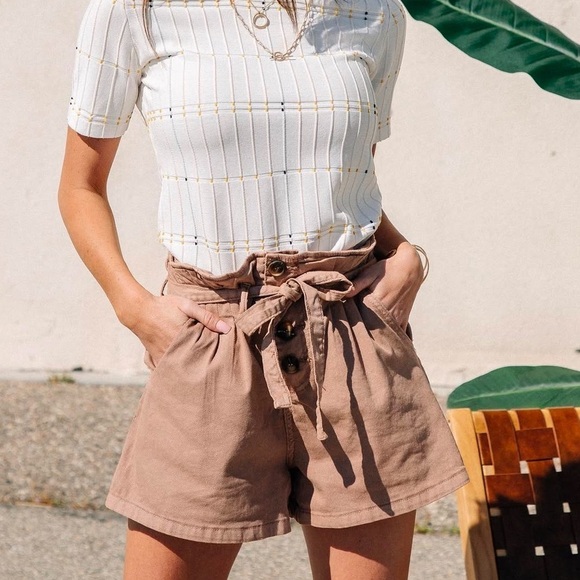BÖHME Corduroy High Waisted Paper Bag Shorts In Taupe - Picture 1 of 5